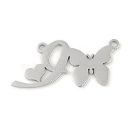 Non-Tarnish 304 Stainless Steel Pendants, Letter & Butterfly Charms, Letter I, 11x25x0.9mm, Hole: 1.2mm(STAS-L279-002P-I)