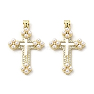 Brass Pave Shell Pendants, Religion Cross Charms with ABS Imitation Pearl, Real 18K Gold Plated, Cross, 34x22.5x4.5mm, Hole: 3.5x4mm(KK-I708-17B-G)