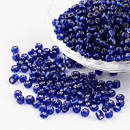 6/0 Round Silver Lined Round Hole Glass Seed Beads, Blue, 4mm, Hole: 1.5mm, about 496pcs/50g(X-SEED-A005-4mm-28)