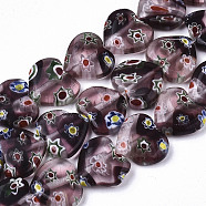 Handmade Millefiori Lampwork Beads Strands, Heart, Purple, 11~12x12x4~5mm, Hole: 1mm, about 32~33pcs/strand, 12.72 inch~13.78 inch(32.3~35cm)(LAMP-N023-001C)