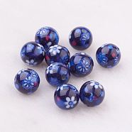 Spray Painted Resin Beads, with Flower Pattern, Round, Dark Blue, 10mm, Hole: 2mm(GLAA-F049-A10)