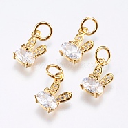 Brass Micro Pave Cubic Zirconia Bunny Charms, Cadmium Free & Lead Free, Rabbit, Real 18K Gold Plated, 12x6x2.5mm, Hole: 3mm(RB-I077-19G-RS)