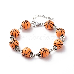 Sport Ball Theme Acrylic Round Beaded Bracelet, 304 Stainless Steel Jewelry for Men Women, Basketball, 7-1/4 inch(18.5cm)(BJEW-JB08660-02)