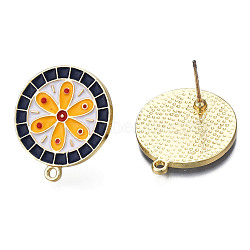 Alloy Enamel Stud Earring Findings, with Iron Pins and Horizontal Loops, Cadmium Free & Nickel Free & Lead Free, Flat Round with Flower, Light Gold, Orange, 22.5x20mm, Hole: 1.5mm, Pin: 0.7mm(PALLOY-N155-113)