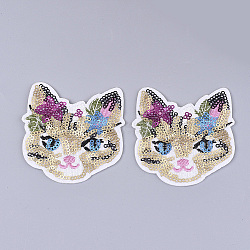Computerized Embroidery Cloth Iron on/Sew on Patches, with Paillette/Sequins, Appliques, Costume Accessories, Cat, Colorful, 76x69x1.5mm(X-FIND-T030-296)