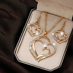 Heart Alloy Crystal Rhinestone Pendant Necklace & Dangle Earring Sets, Golden, 40x23mm(FS-WG8597C-01)