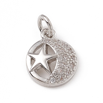 Brass Micro Pave Cubic Zirconia Charms, with Jump Rings, Flat Round with Star & Moon Pattern Charm, Platinum, 12x9.5x3mm, Hole: 3mm 