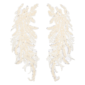 Leaf Polyester Embroidery Lace Appliques, Ornament Accessories for Cheongsam, Dress, Light Goldenrod Yellow, 342x125x3mm, 1 pair/box