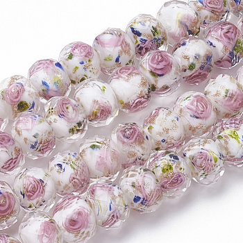 Handmade Gold Sand Lampwork Beads Strands, Inner Flower, Faceted Rondelle, White, 11~12x8~9mm, Hole: 1.6~2mm, about 45pcs/strand, 17.3 inch