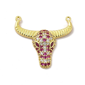 Rack Plating Brass Micro Pave Cubic Zirconia Connector Charms, Cadmium Free & Lead Free, Long-Lasting Plated, Cattle Head Links, Golden, Fuchsia, 25.5x27.5x5mm, Hole: 1mm
