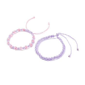 2Pcs 2 Colors Peach Blossom Braided Cord Bracelet, Friendship Lucky Adjustable Bracelet for Women, Lilac, Inner Diameter: 2-1/4 inch(5.6cm)~4-1/4 inch(10.9cm)