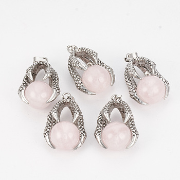 Natural Rose Quartz Pendants, with Alloy Findings, Eagle Claw, Antique Silver, 36x24x16mm, Hole: 7x4mm