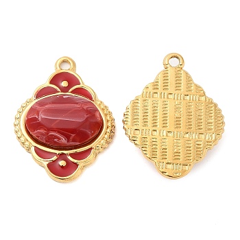 Enamel Pendants, with 304 Stainless Steel Finding and Acrylic Cabochon, Real 18K Gold Plated, Rhombus Charm, FireBrick, 24.5x18.5x5.5mm, Hole: 1.5mm