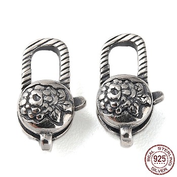925 Thailand Sterling Silver Lobster Claw Clasps, Flower, with 925 Stamp, Antique Silver, 15x8x5.5mm, Hole: 1.4mm