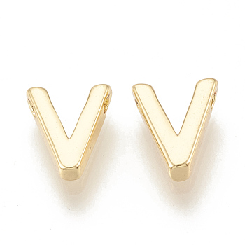 Brass Charms, Real 18K Gold Plated, Letter.V, 7~8.5x4~7.5x2mm, Hole: 1mm