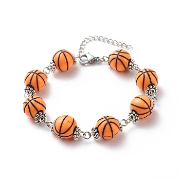 Sport Ball Theme Acrylic Round Beaded Bracelet, 304 Stainless Steel Jewelry for Men Women, Platinum, Basketball Pattern, 7-1/4 inch(18.5cm)