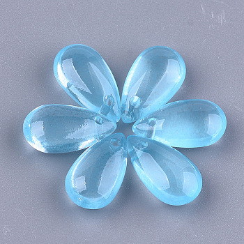 Transparent Spray Painted Glass Charms, teardrop, Light Sky Blue, 13.5~14x7.5x5mm, Hole: 1mm