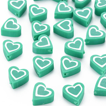 Handmade Polymer Clay Beads, Heart, Medium Sea Green, 8.5~9x8.5~10x4mm, Hole: 1.4~1.6mm