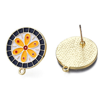 Alloy Enamel Stud Earring Findings, with Iron Pins and Horizontal Loops, Cadmium Free & Nickel Free & Lead Free, Flat Round with Flower, Light Gold, Orange, 22.5x20mm, Hole: 1.5mm, Pin: 0.7mm