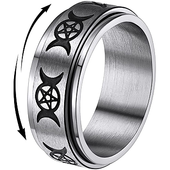 Triple Moon Goddess Stainless Steel Rotating Finger Ring, Fidget Spinner Ring for Calming Worry Meditation, Stainless Steel Color, US Size 9(18.9mm)