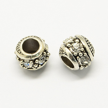 Alloy Rhinestone European Beads, Rondelle Large Hole Beads, Antique Silver, Crystal, 11x10mm, Hole: 5mm