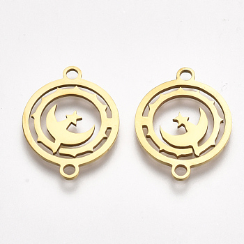 201 Stainless Steel Links connectors, Laser Cut Links, Flat Round with Moon and Star, Golden, 19.5x15.5x1mm, Hole: 1.5mm