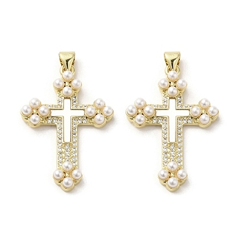 Brass Pave Shell Pendants, Religion Cross Charms with ABS Imitation Pearl, Real 18K Gold Plated, Cross, 34x22.5x4.5mm, Hole: 3.5x4mm