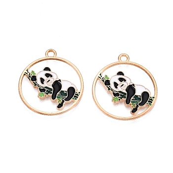 Panda Theme Alloy Enamel Pendants, Light Gold, Lead Free & Cadmium Free, Dark Green, 28x24.5x1mm, Hole: 2mm