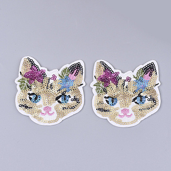 Computerized Embroidery Cloth Iron on/Sew on Patches, with Paillette/Sequins, Appliques, Costume Accessories, Cat, Colorful, 76x69x1.5mm
