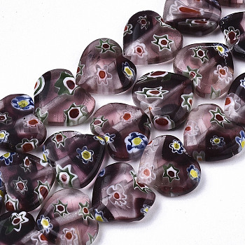 Handmade Millefiori Lampwork Beads Strands, Heart, Purple, 11~12x12x4~5mm, Hole: 1mm, about 32~33pcs/strand, 12.72 inch~13.78 inch(32.3~35cm)