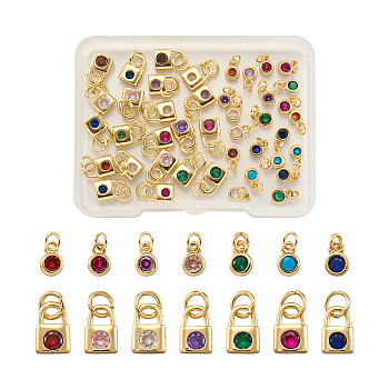 56Pcs 14 Style Brass Micro Pave Cubic Zirconia Charms, Flat Round & Lock, Mixed Color, 4pcs/style