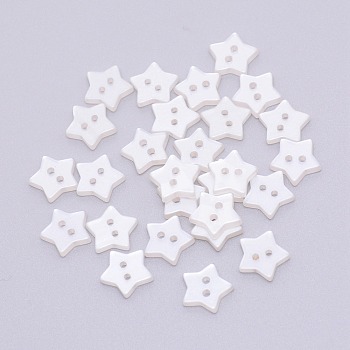 Resin Button, Mixed Dyed and Undyed, 2-hole, Star, White, 12x12x2.2mm, Hole: 1.2mm