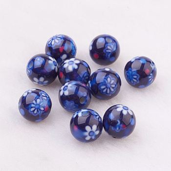 Spray Painted Resin Beads, with Flower Pattern, Round, Dark Blue, 10mm, Hole: 2mm