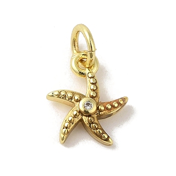 Brass Micro Pave Cubic Zirconia Charms, Real 18K Gold Plated, Starfish Charms, Clear, 11x9x2.5mm, Hole: 3mm