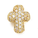 Brass Micro Pave Clear Cubic Zirconia Charms, Cross Charms, Rack Plating, Long-Lasting Plated, Lead Free & Cadmium Free, Real 18K Gold Plated, 11x9x4.5mm, Hole: 3x2mm(CU-CBAF1EE-02G)