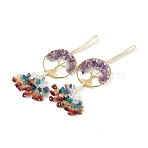 Natural Amethyst Tree of Life with Mixed Gemstone Chips Tassel Big Pendant Decorations, with Golden Brass Wires Wrap Findings and Nylon Cord, Cadmium Free & Lead Free, 155~170mm(HJEW-H057-03G-A06)