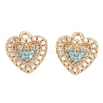 Brass Micro Pave Sky Blue Cubic Zirconia Charms, Heart Charms, Real 18K Gold Plated, 11x9.5x3.5mm, Hole: 1.2mm(CU-CBAB0CF-14G)