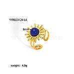 Vintage Natural Lapis Lazuli & 304 Stainless Steel Flower Cuff Rings for Women, Real 18K Gold Plated, 8mm(CT4656-1)