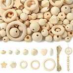 110Pcs 12 Styles Unfinished Wood Beads, Natural Wooden Beads, with 1 Bundle Jute Cord, Mixed Shapes, 20x10mm, Hole: 3mm(WOOD-YW0001-82)