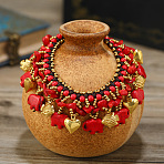 Bohemian Dyed Synthetic Turquoise Elephant & Brass Fish Heart Beaded Tassel Anklets for Women, Golden, Red, 6-3/4~7-1/8 inch(170~180mm)(FS-WG11539-02)