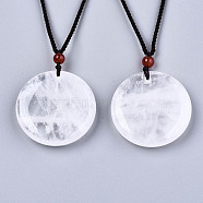 Natural Quartz Crystal Pendant Necklaces, Slider Necklaces, with Random Color Polyester Cords, Flat Round, 26~29.9 inch(66~76cm)(NJEW-S421-026)