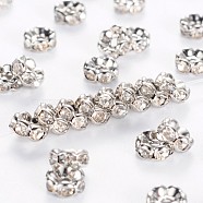 Brass Rhinestone Spacer Beads, Grade AAA, Wavy Edge, Nickel Free, Platinum Metal Color, Rondelle, Crystal, 6x3mm, Hole: 1mm(RB-A014-L6mm-01P-NF)