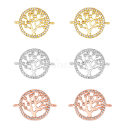 6Pcs 3 Colors Brass Clear Micro Pave Cubic Zirconia Links, Flat Round with Tree of Life, Mixed Color, 15x20x3mm, Hole: 1mm, 2pcs/color(ZIRC-HY0001-04)