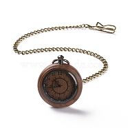 Ebony Wood Pocket Watch with Brass Curb Chain and Clips, Flat Round Electronic Watch for Men, Coconut Brown, 16-3/8~17-1/8 inch(41.7~43.5cm)(WACH-D017-A12-04AB)