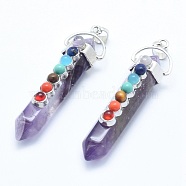 Chakra Jewelry, Natural Amethyst Double Terminated Pointed Pendants, with Natural & Synthetic Mixed Stone Alloy Findings, Bullet, Platinum, 58~61x16.5~18x15.5~16mm, Hole: 4.5x7.5mm(G-G759-C15)