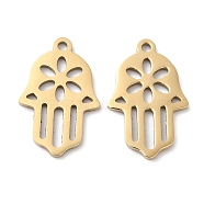 Ion Plating(IP) 316L Surgical Stainless Steel Pendants, Hamsa Hand Charm, Laser Cut, Real 18K Gold Plated, 16.5x10.8x1mm, Hole: 1.2mm(STAS-H213-59G)