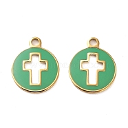 304 Stainless Steel Charms, with Enamel, Flat Round with Cross Charms, Real 14K Gold Plated, 14.5x12x1mm, Hole: 1.6mm(STAS-L022-092G)