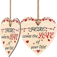 Wooden Hanging Plate, Heart with Word HERE comes the LOVE of your life, Decoration Accessories, Word, 100x100mm(HJEW-WH0037-011)