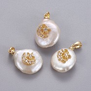 Natural Cultured Freshwater Pearl Pendants, with Brass Micro Pave Cubic Zirconia Findings, Nuggets with Star & Moon, Long-Lasting Plated, Golden, Clear, 17~27x12~16x6~12mm, Hole: 4x2.5mm(KK-L187-13G)