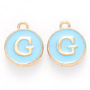 Golden Plated Alloy Enamel Charms, Cadmium Free & Lead Free, Enamelled Sequins, Flat Round with Letter, Sky Blue, Letter.G, 14x12x2mm, Hole: 1.5mm(X-ENAM-S118-04G)